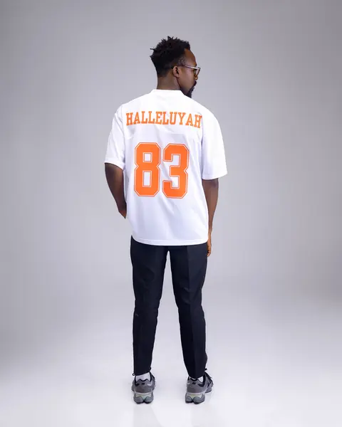 Back of a jersey reading HALLELUYAH 83