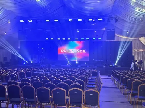 Stage, screen and lighting built for a conference