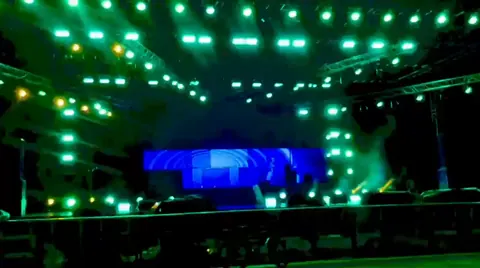 The finished stage under a full lighting rig